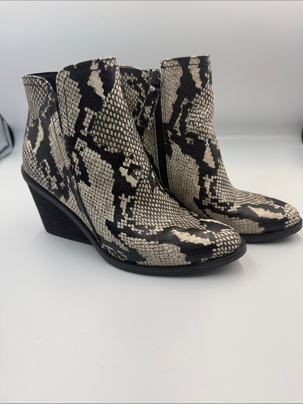 Dr. Scholl's Snake-Print Wedge Ankle Boots in Black and Cream